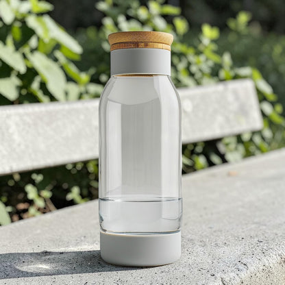 Nesr 17oz Borosilicate Glass Water Bottle with Natural Bamboo Lid and Silicone Sleeve